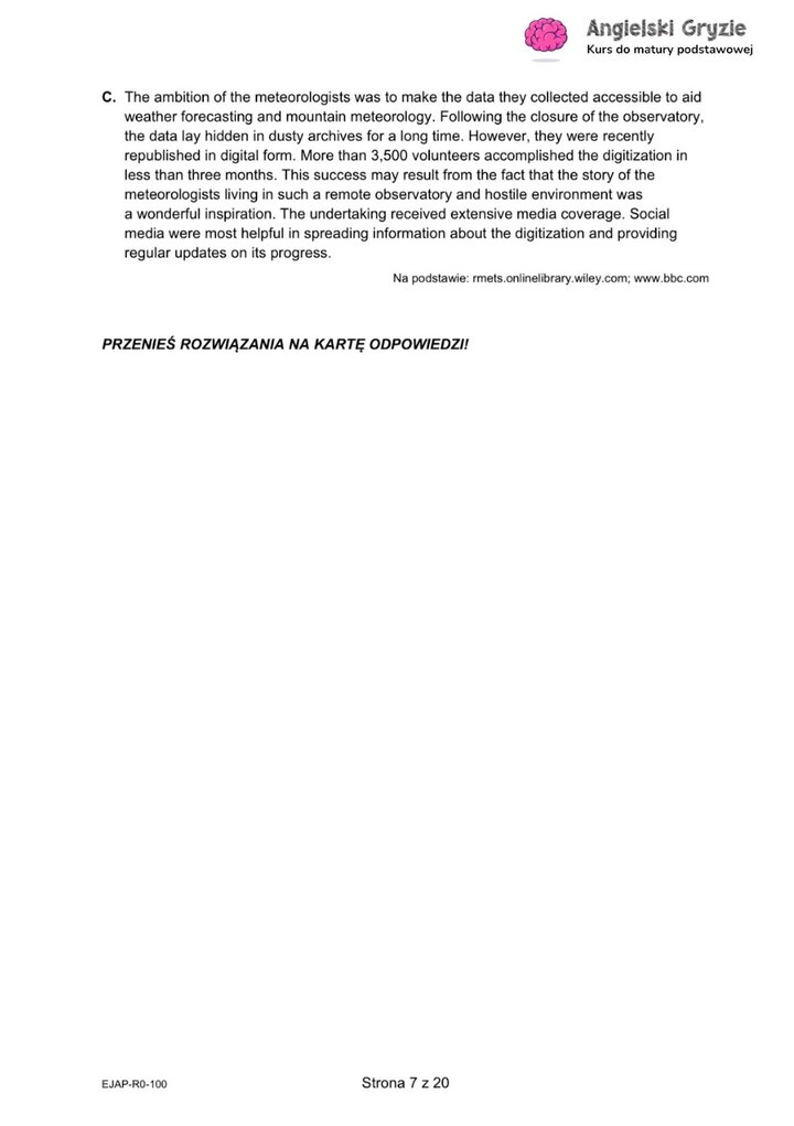 Fragment arkusza maturalnego z języka angielskiego – zadanie na dopasowywanie tekstów do odpowiednich akapitów.