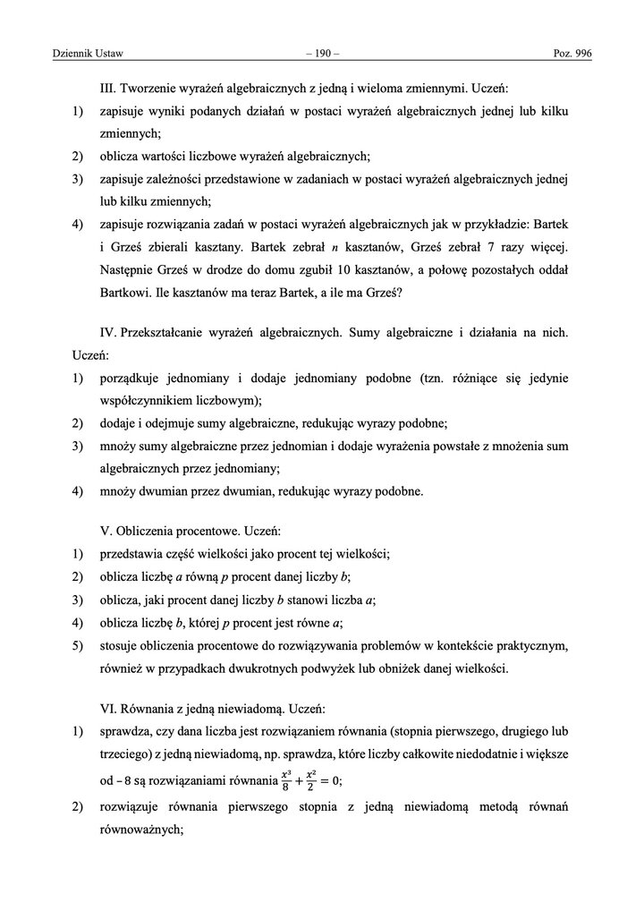 Zestawienie wymagań edukacyjnych z matematyki do egzaminu ósmoklasisty, podzielone na działy: liczby, wyrażenia algebraiczne, geometria i statystyka.