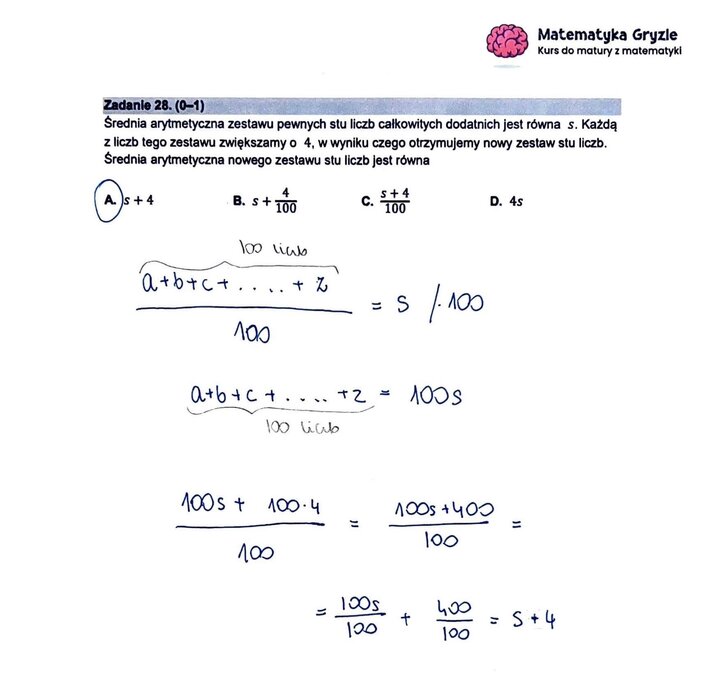 Zadanie z matury podstawowej z matematyki (28) z zadaniem na analizę zmiany średniej arytmetycznej po zwiększeniu każdej liczby w zbiorze.