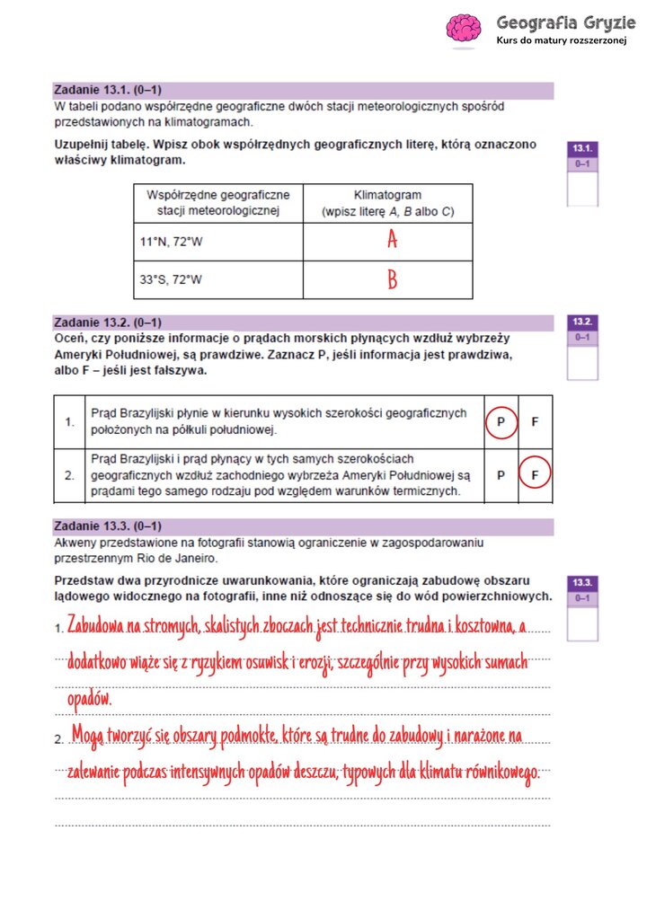 Odpowiedzi do zadania maturalnego z geografii (13.1-13.3) dotyczące Rio de Janeiro: dopasowanie klimatogramów, prądy morskie i ograniczenia zabudowy.