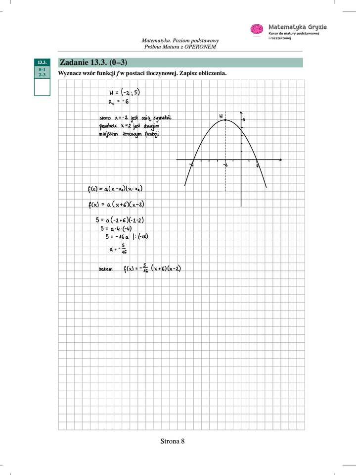 Zdjęcie kartki papieru z odręcznymi rozwiązaniami zadań z próbnego egzaminu maturalnego z matematyki Operon (poziom podstawowy). Widoczne wzory, obliczenia i zaznaczone wyniki.