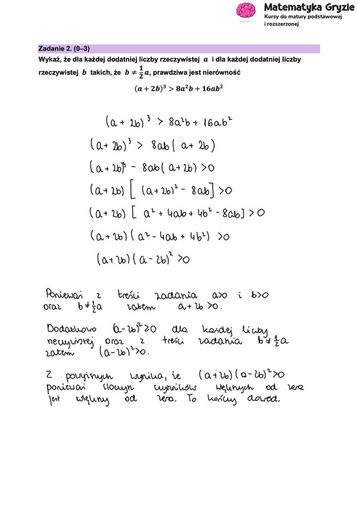 Fragment arkusza maturalnego z matematyki rozszerzonej - zadanie dowodowe z rozwiązywania nierówności.