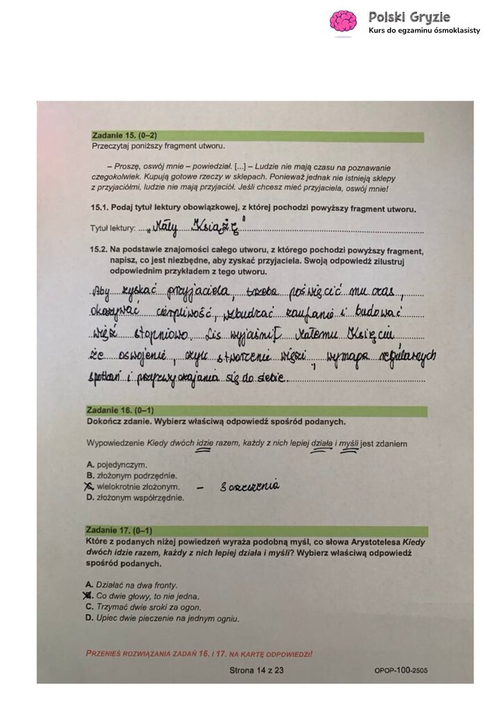 Fragment arkusza egzaminacyjnego z języka polskiego – pytania dotyczące przeczytanego tekstu.