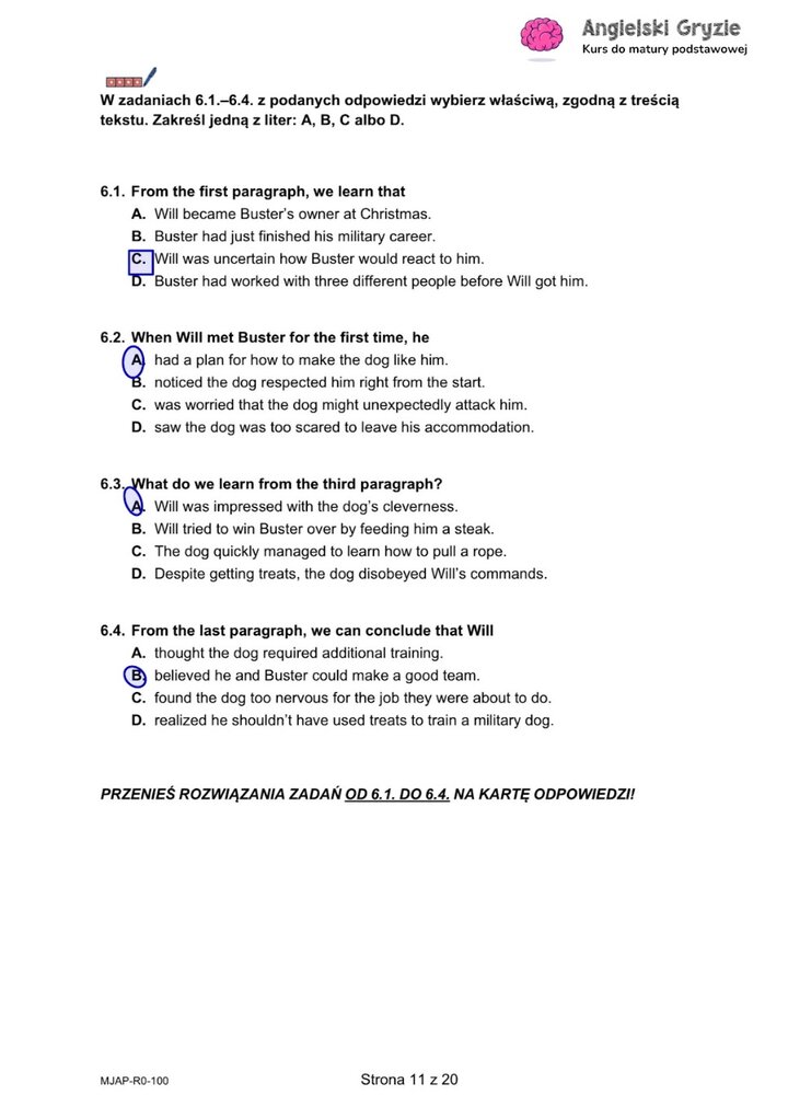 Fragment arkusza maturalnego z języka angielskiego – zadanie na rozumienie tekstu czytanego z pytaniami wielokrotnego wyboru.