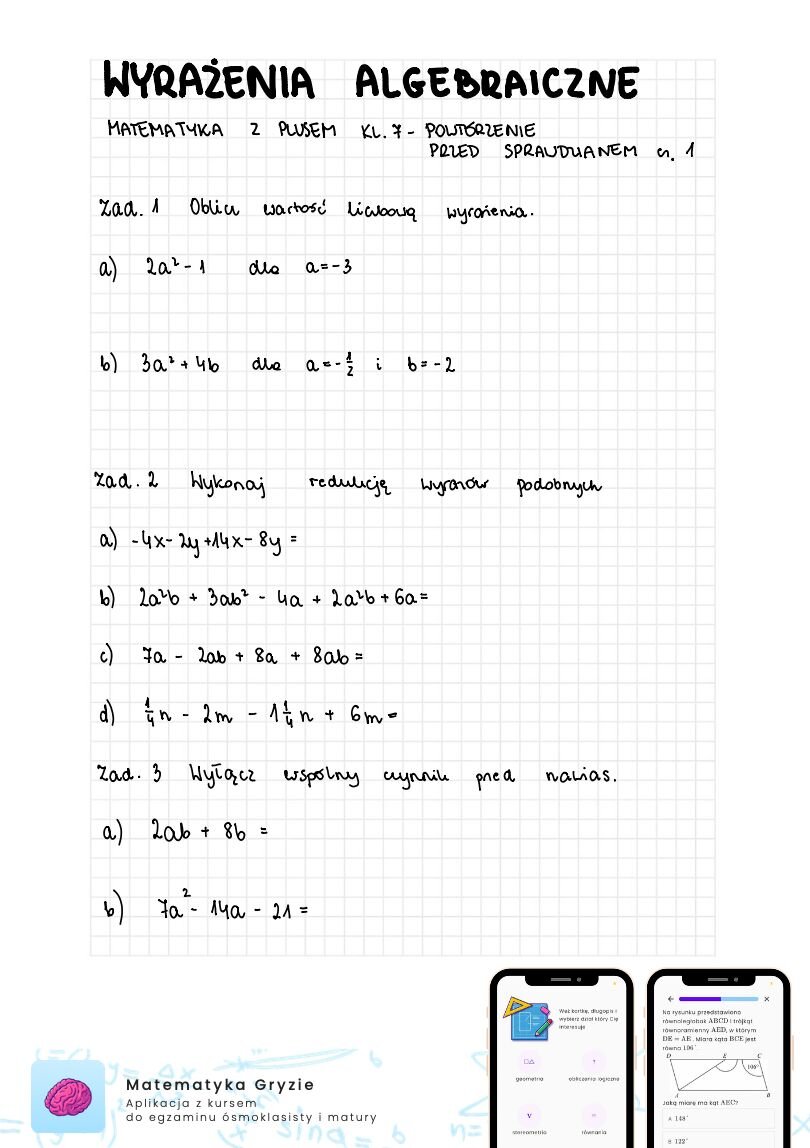 Zadania na sprawdzian GWO matematyka z plusem klasa 7 - wyrażenia algebraiczne