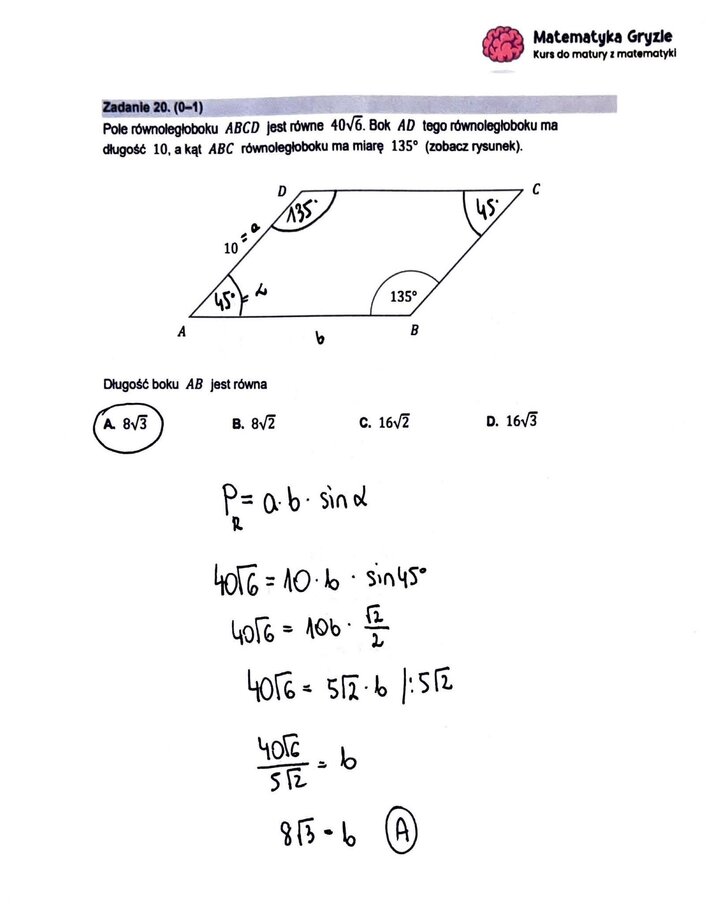 Zadanie z matury podstawowej z matematyki (20) z obliczeniem długości boku rombu na podstawie jego pola i kąta.