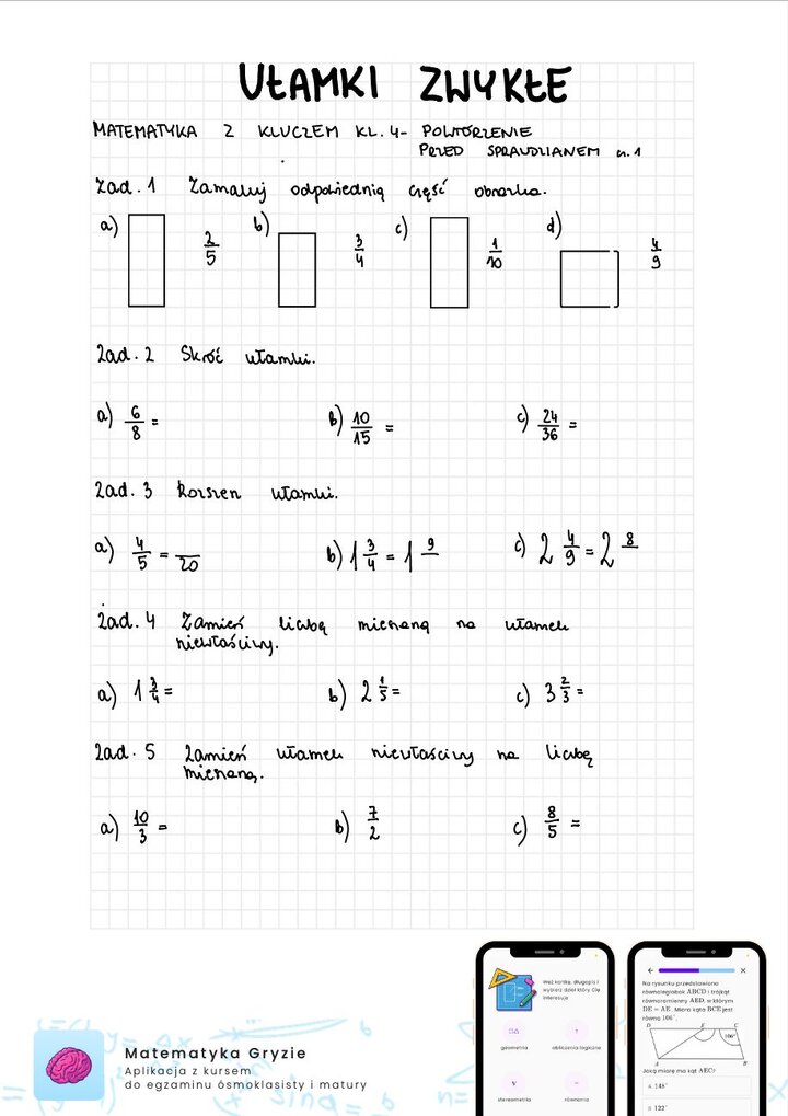 Zadania na sprawdzian matematyka z kluczem klasa 4 - ułamki zwykłe