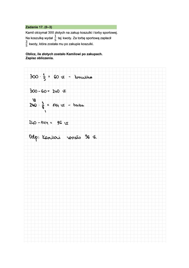 Fragment arkusza do egzaminu ósmoklasisty z matematyki - zadanie tekstowe, obliczenia logiczne.