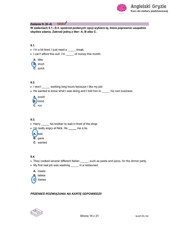 Fragment arkusza maturalnego z języka angielskiego – zadanie na dopasowywanie odpowiednich słów do luk w tekście .