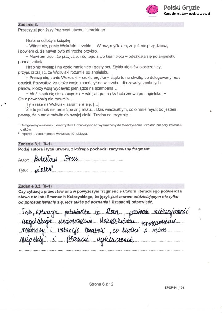 Fragment arkusza egzaminacyjnego z języka polskiego – pytania dotyczące wybranych lektur obowiązkowych.