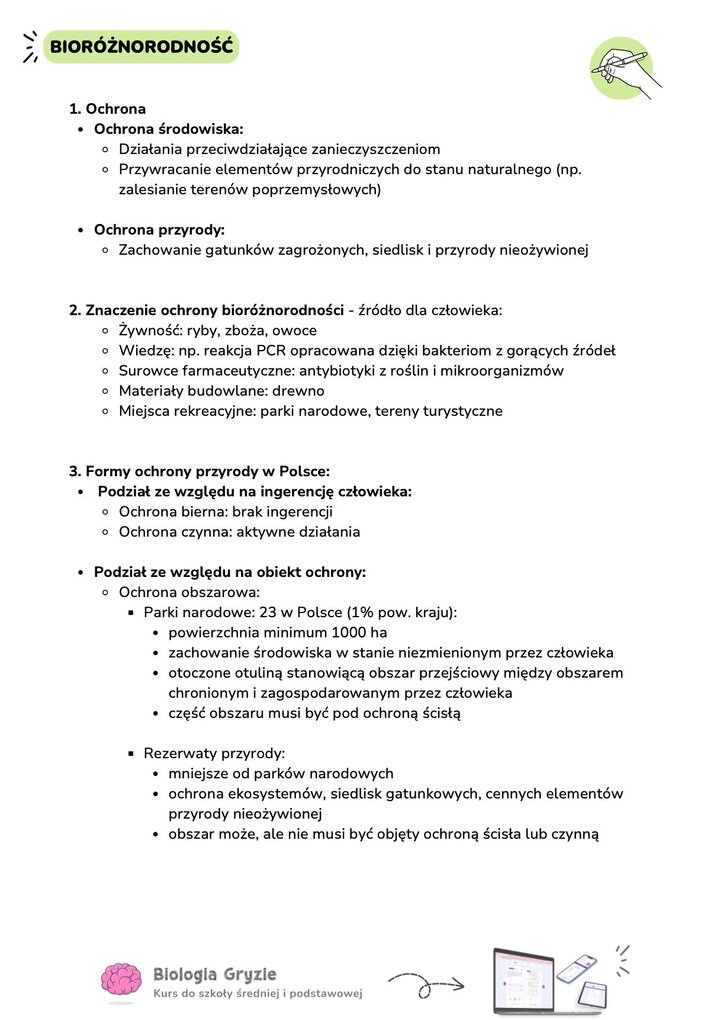 Notatka z biologii o ochronie środowiska i bioróżnorodności. Tekst wyjaśnia znaczenie ochrony dla człowieka oraz różnice między ochroną bierną a czynną. Opis parku narodowego i rezerwatu przyrody.