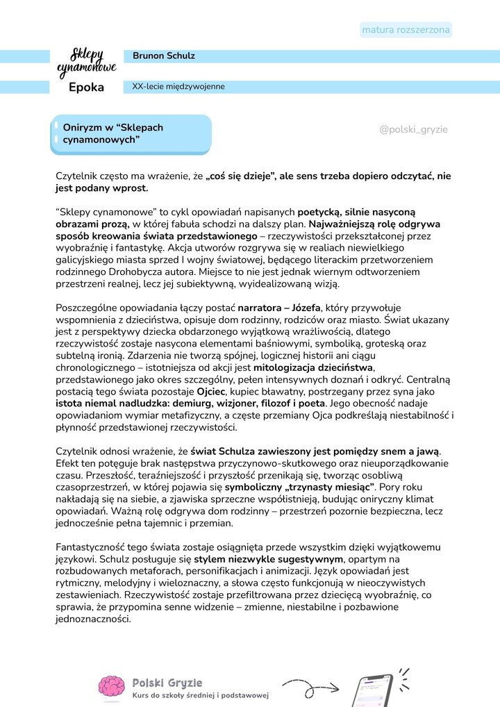 Opracowanie literackie na temat oniryzmu w „Sklepach cynamonowych”, opisujące specyfikę świata przedstawionego i rolę narratora Józefa.
