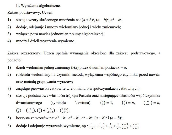 Wymagania edukacyjne na egzamin maturalny z matematyki - zagadnienia z działów.