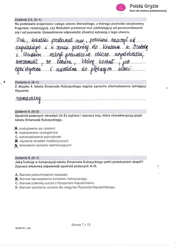 Fragment arkusza egzaminacyjnego z języka polskiego – pytania dotyczące wybranych lektur obowiązkowych.