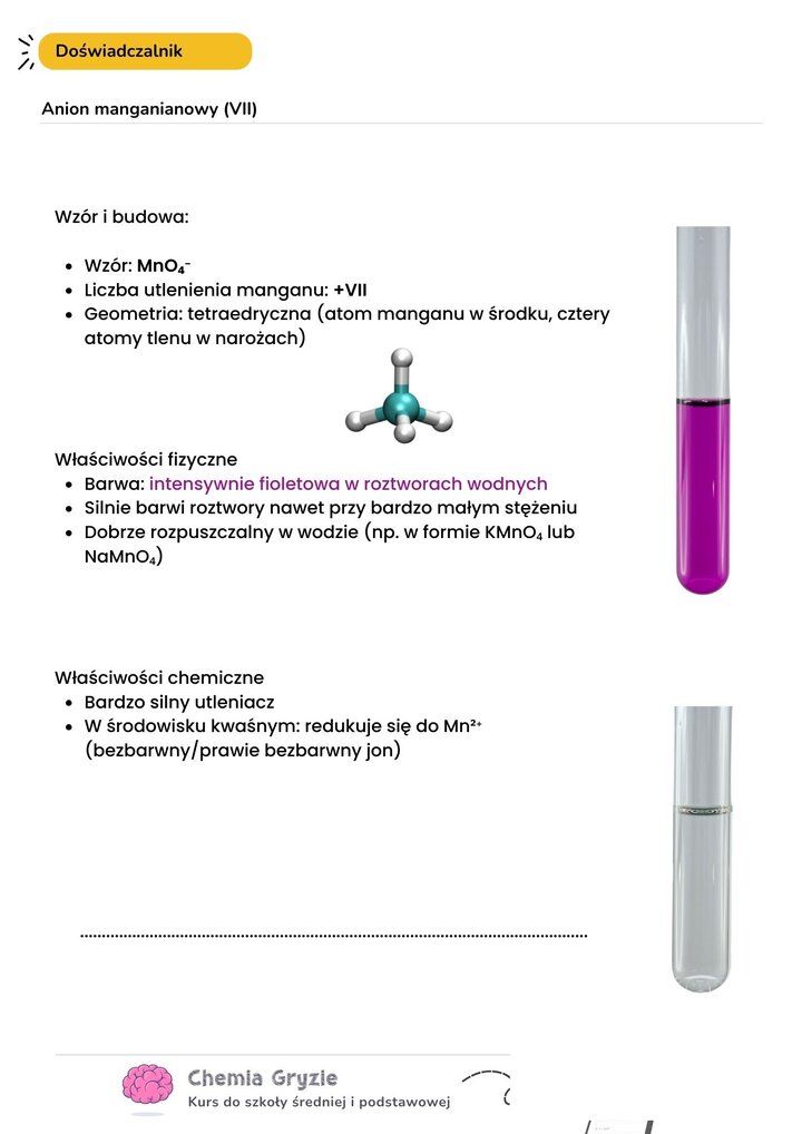 Charakterystyka anionu manganianowego(VII) MnO4-. Grafika pokazuje model cząsteczki o geometrii tetraedrycznej oraz probówkę z intensywnie fioletowym roztworem nadmanganianu potasu. Druga probówka przedstawia odbarwienie roztworu, co ilustruje redukcję manganu w środowisku kwasowym do jonów Mn2+.