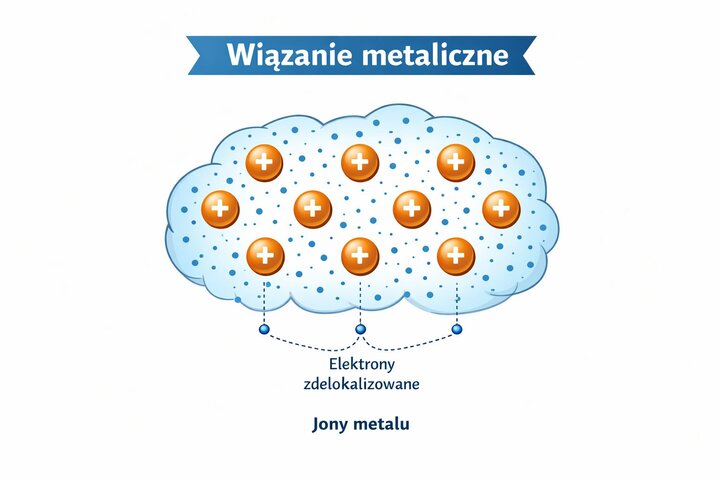 Ilustracja budowy wiązania metalicznego. Grafika ukazuje dodatnio naładowane jony metalu ułożone w sieci krystalicznej, które otoczone są chmurą zdelokalizowanych (swobodnie poruszających się) elektronów.