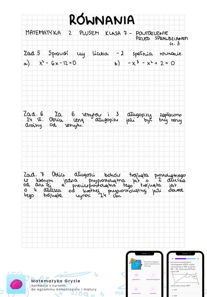 Zadania na sprawdzian GWO matematyka z plusem klasa 7 - równania