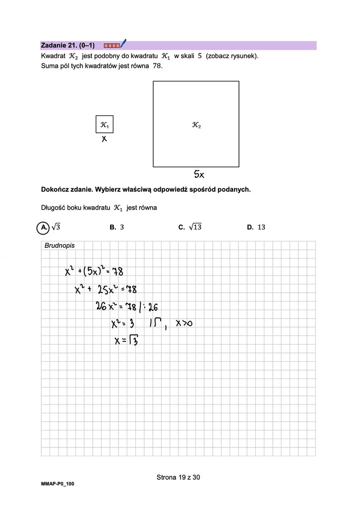 Fragment arkusza maturalnego z matematyki podstawowej - zadanie na podobieństwo figur.