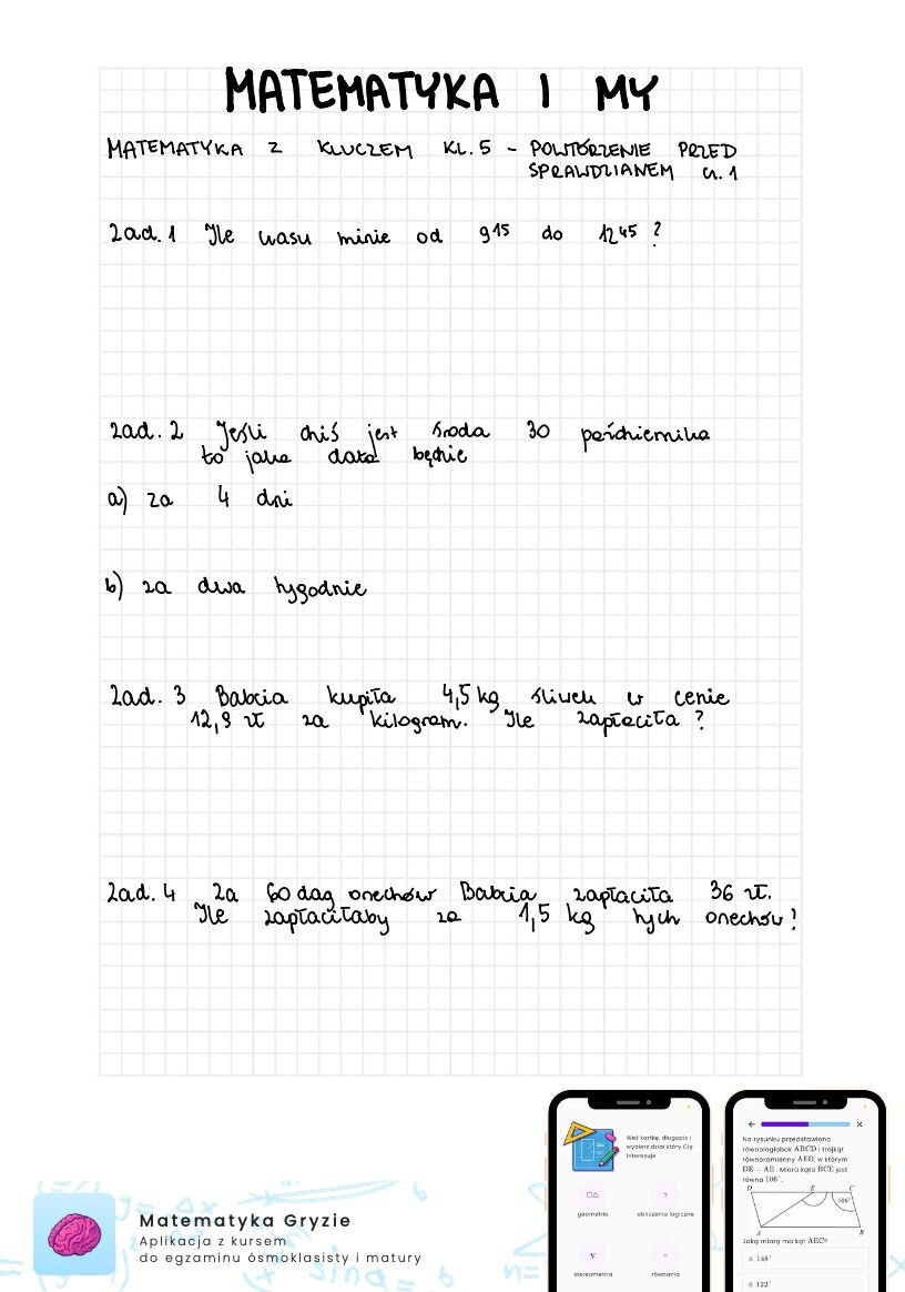 Zadania na sprawdzian matematyka z kluczem klasa 5 - matematyka i my