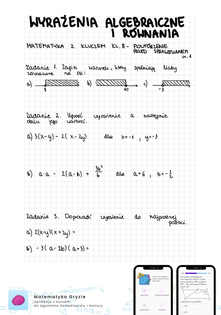 Zadania na sprawdzian matematyka z kluczem klasa 8 - wyrażenia algebraiczne i równania
