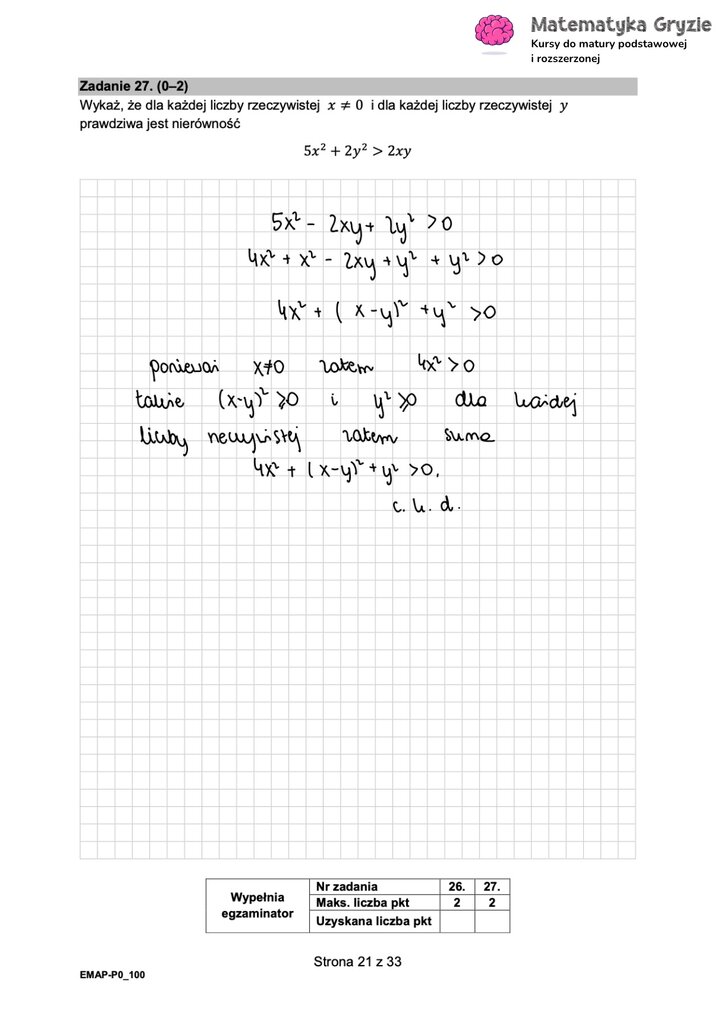 Fragment arkusza maturalnego  z matematyki podstawowej - zadanie dowodowe z rozwiązywania nierówności kwadratowej.