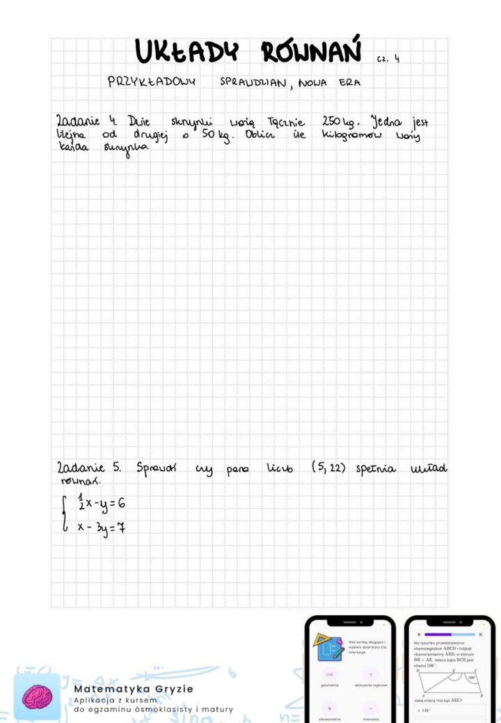 Zadania na sprawdzian z działu układy równań. Wyznaczanie układów równań i obliczanie niewiadomych. 