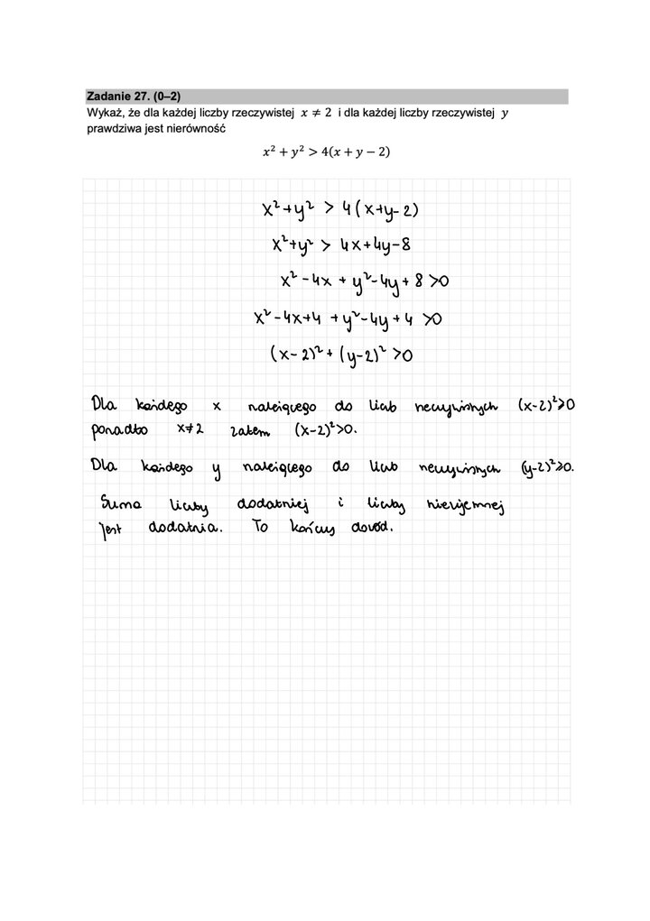 Fragment arkusza maturalnego z matematyki podstawowej - dowód z rozwiązywaniem nierówności kwadratowej.