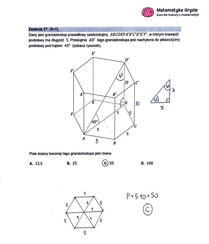 Zadanie z matury podstawowej z matematyki (27) z obliczeniem pola ściany bocznej graniastosłupa prawidłowego sześciokątnego.