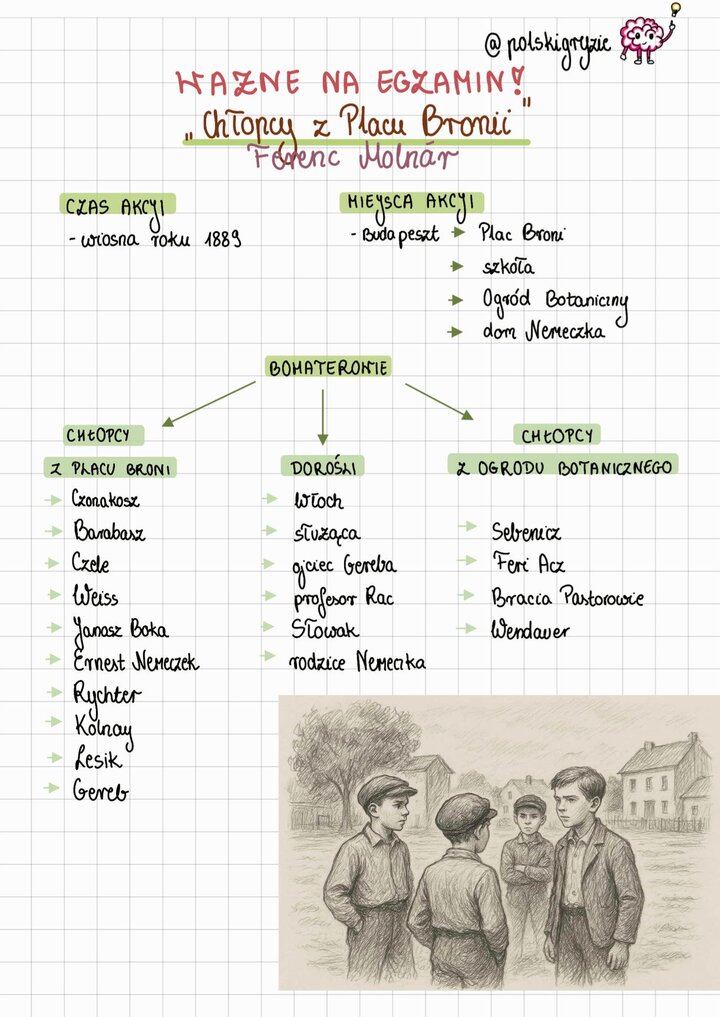 Rysunkowa ilustracja czterech chłopców z Placu Broni w czapkach, na tle budynków; Chłopcy z Placu Broni Ferenc Molnár najważniejsze informacje na egzamin; czas i miejsce akcji (wiosna 1889 Budapeszt); lista bohaterów: Boka, Nemeczek, Czonakosz, Gereb, Feri Acz.