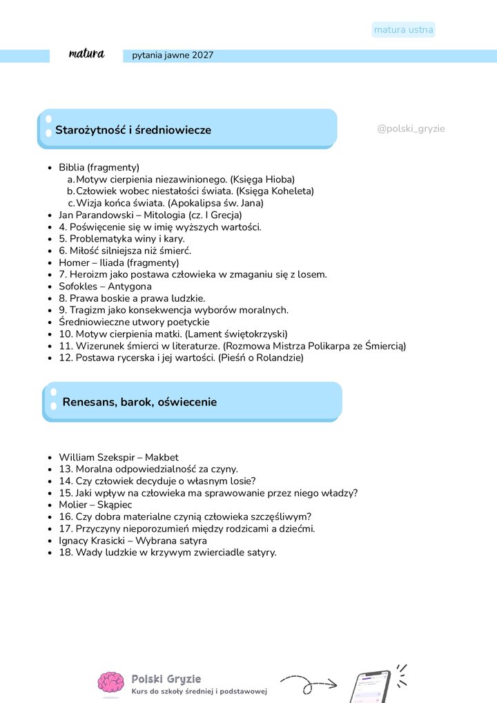 Wizualna lista zagadnień egzaminacyjnych do matury ustnej 2027 obejmująca utwory od antyku i Biblii po Dziady część III.