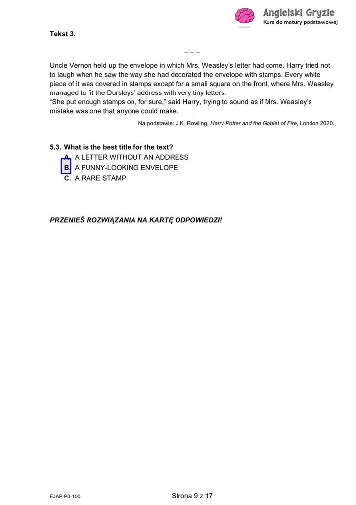 Fragment arkusza maturalnego z języka angielskiego – zadanie na rozumienie tekstu czytanego z pytaniami wielokrotnego wyboru.