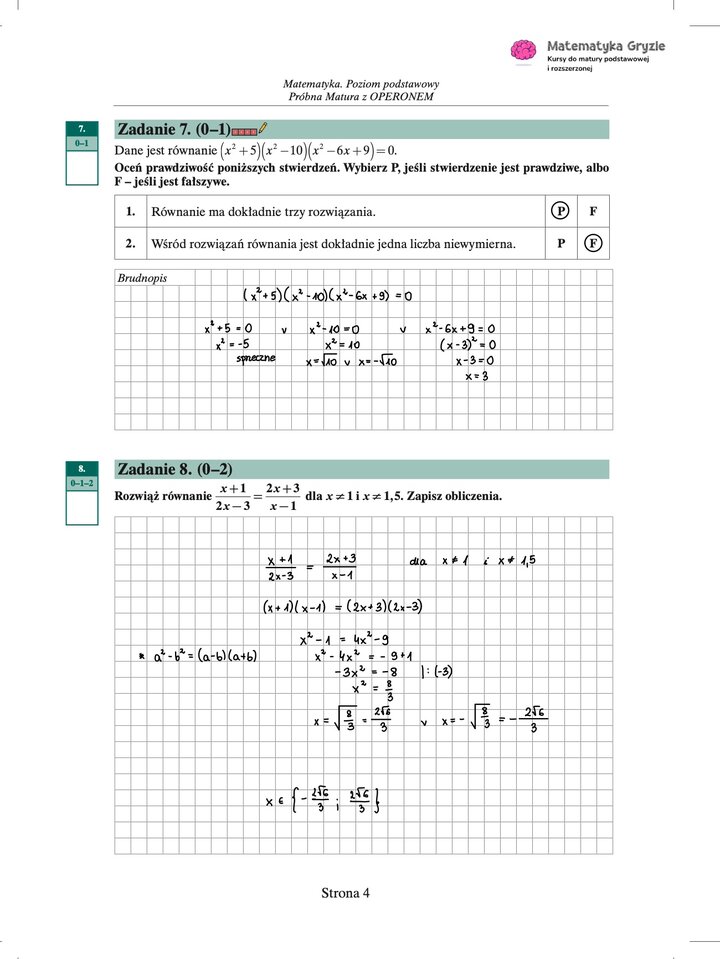 Zdjęcie kartki papieru z odręcznymi rozwiązaniami zadań z próbnego egzaminu maturalnego z matematyki Operon (poziom podstawowy). Widoczne wzory, obliczenia i zaznaczone wyniki.