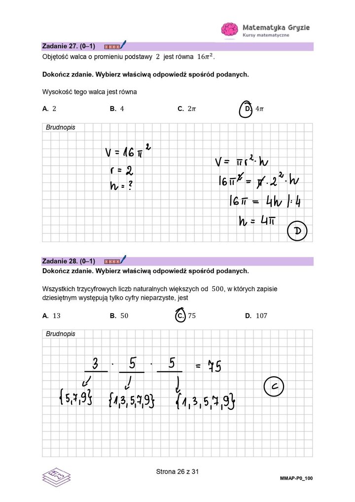 Zadanie z matematyki z obliczania objętości walca i własności mnożenia w kombinatoryce.