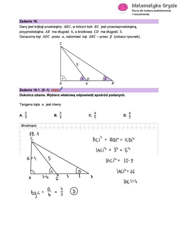 Zadanie maturalne z matematyki (18.1) z obliczeniem wartości tangensa kąta w trójkącie prostokątnym na podstawie twierdzenia Pitagorasa.
