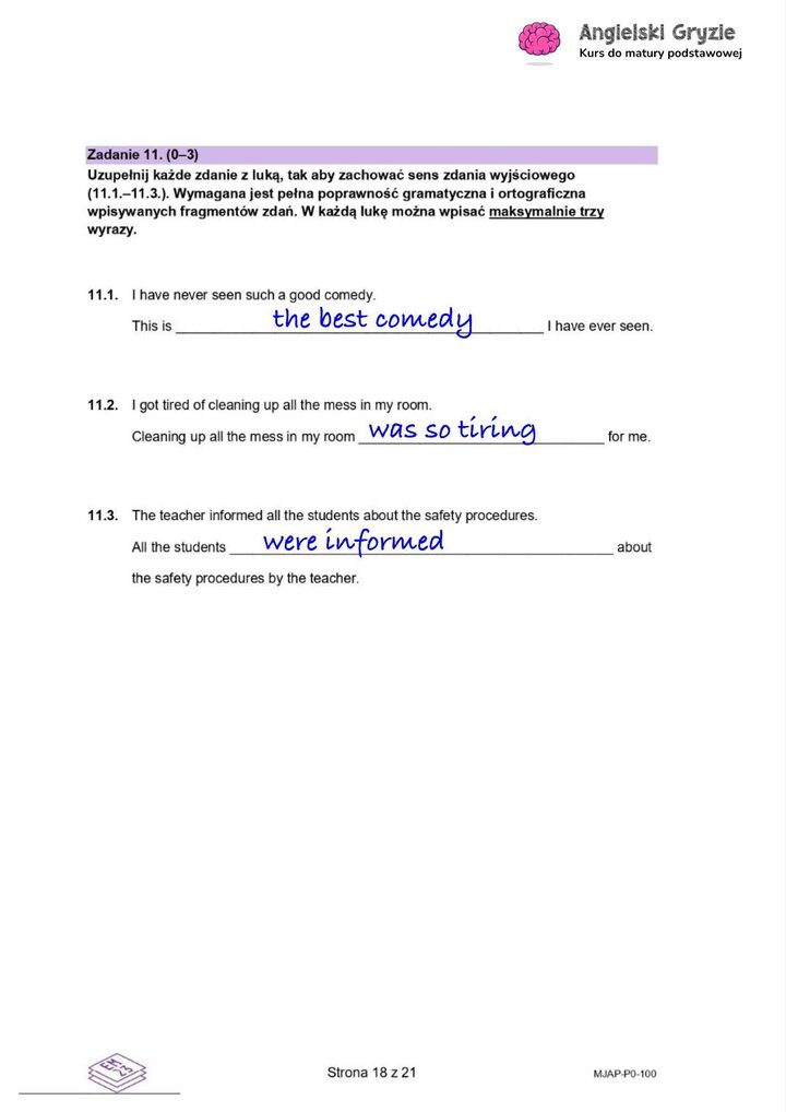 Fragment arkusza maturalnego z języka angielskiego – zadanie z gramatyki do uzupełnienia samodzielnie.