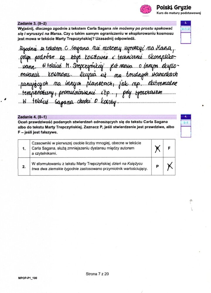 Fragment arkusza egzaminacyjnego z języka polskiego – pytania dotyczące przeczytanego tekstu.