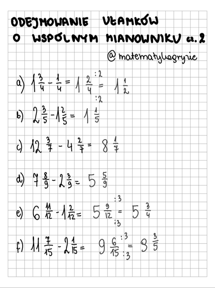 Odejmowanie ułamków o wspólnym mianowniku