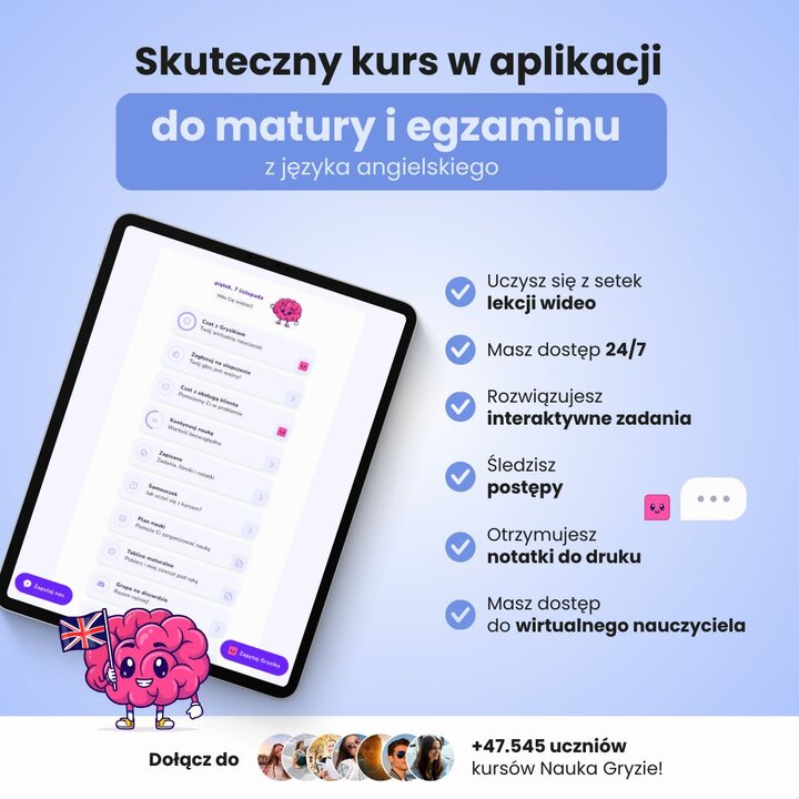 Baner promujący aplikację do nauki angielskiego do matury i egzaminu ósmoklasisty. Grafika przedstawia tablet z interfejsem kursu oraz listę funkcji wspierających szybką naukę, takich jak interaktywne zadania, lekcje wideo i wirtualny nauczyciel.