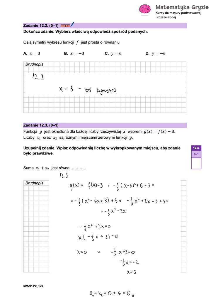 Zadanie maturalne z matematyki (12.2-12.3) z wyznaczeniem osi symetrii paraboli i sumy miejsc zerowych przekształconej funkcji.
