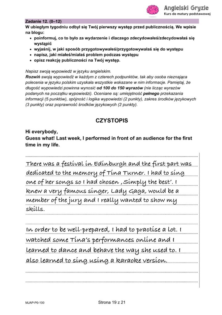 Fragment arkusza maturalnego z języka angielskiego – wybrana wypowiedź pisemna. 