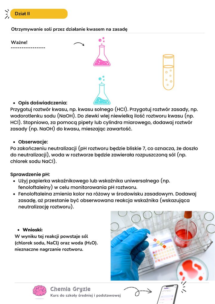 Instrukcja doświadczenia chemicznego: Otrzymywanie soli przez działanie kwasem na zasadę. Opis kroku po kroku, w tym użycie pipety, mieszanie roztworów i sprawdzanie pH za pomocą papierka wskaźnikowego lub fenoloftaleiny. Zdjęcie przedstawia sprzęt laboratoryjny.