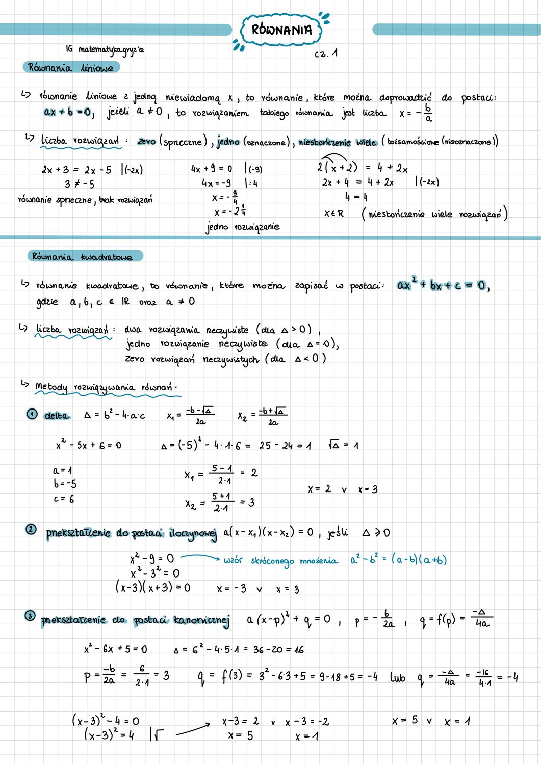 Notatka równania cz. 1; Równania liniowe; Równania kwadratowe; Postać kanoniczna; Postać iloczynowa; Postać liniowa; 