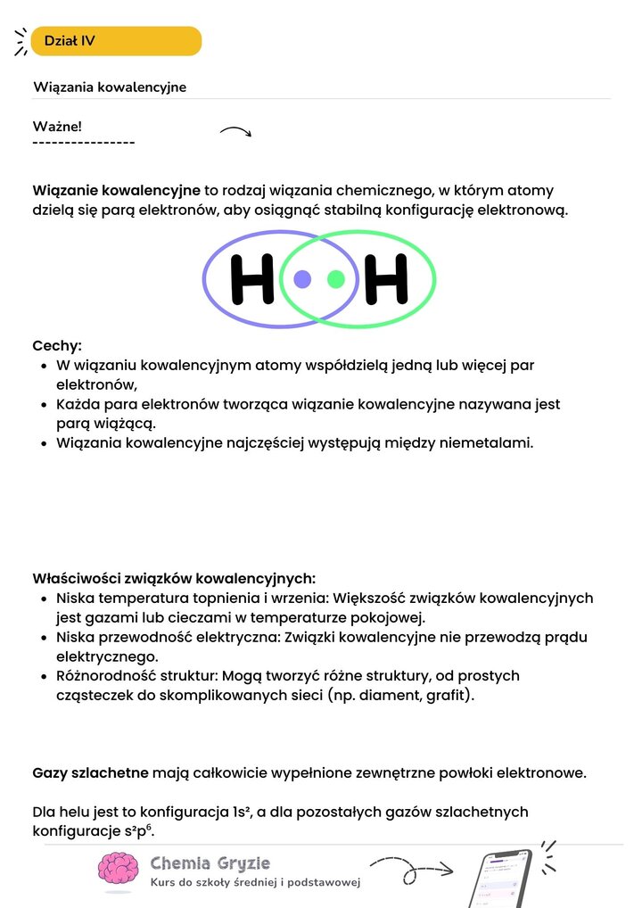 Notatka z chemii: Wiązanie kowalencyjne. Opisuje powstawanie wiązania przez współdzielenie par elektronowych między niemetalami oraz właściwości takich związków: niskie temperatury topnienia, brak przewodnictwa prądu i różnorodność struktur.