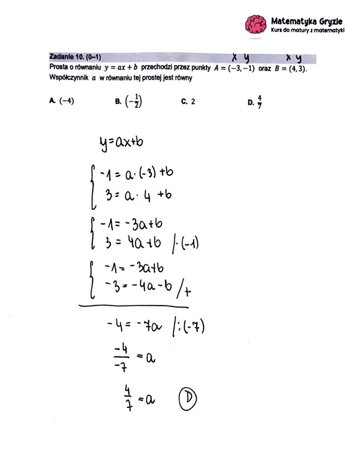Zadanie z matury podstawowej z matematyki (10) z rozwiązanym zadaniem na wyznaczanie współczynnika kierunkowego prostej przechodzącej przez dwa punkty.