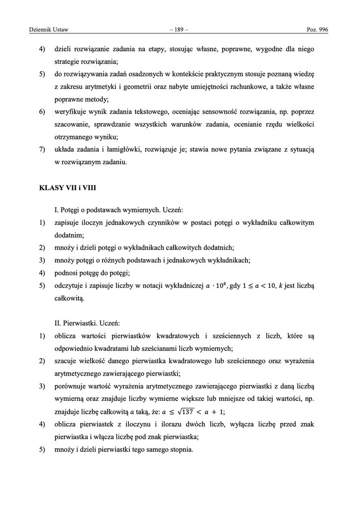 Fragment dokumentu z wymaganiami szczegółowymi dla klas VII-VII.