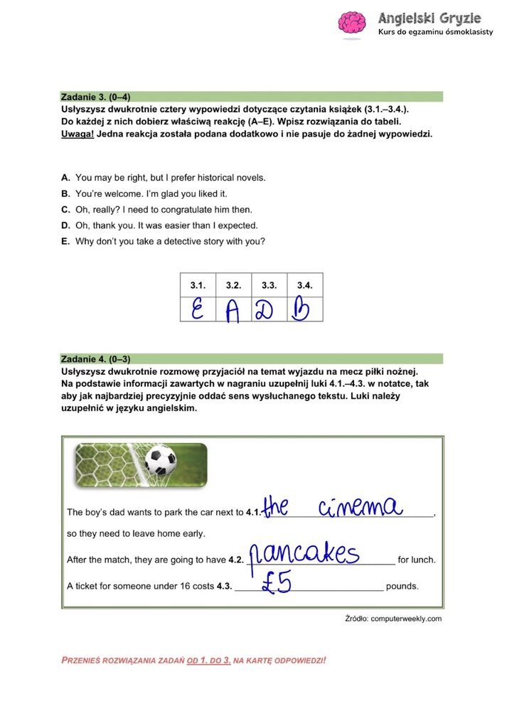 Zadania z egzaminu ósmoklasisty z angielskiego (3-4) sprawdzające funkcje językowe i rozumienie ze słuchu.