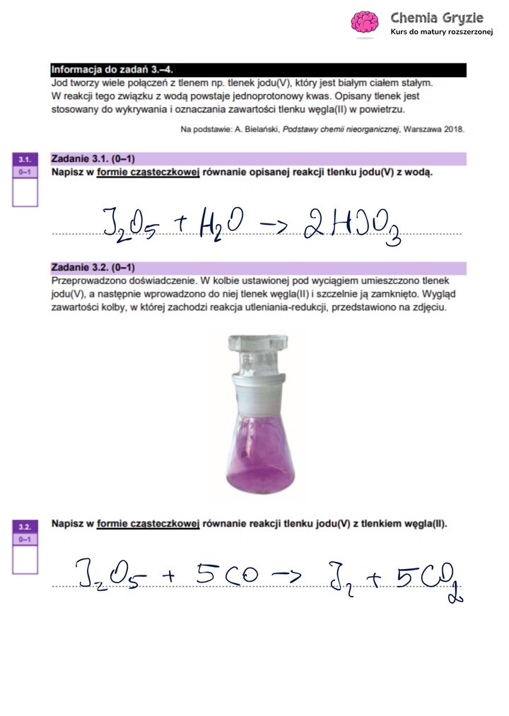 Zadanie maturalne z chemii (3) z informacją o tlenku jodu(V) i równaniami jego reakcji z wodą oraz tlenkiem węgla(II).