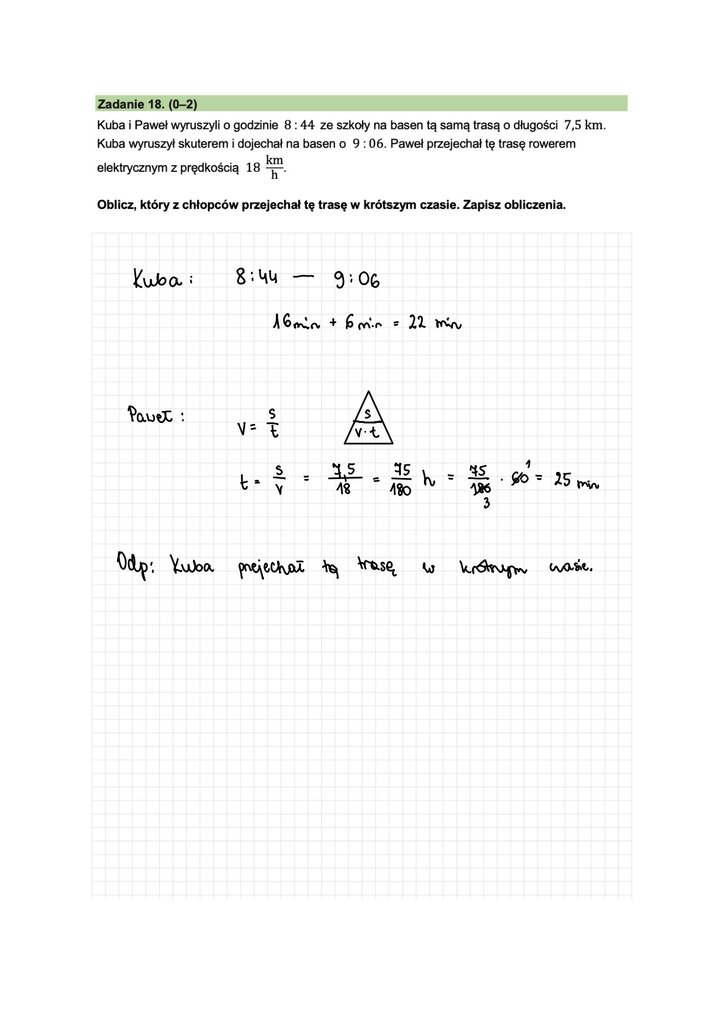 Fragment arkusza do egzaminu ósmoklasisty z matematyki - zdanie tekstowe z działu prędkość, droga, czas.