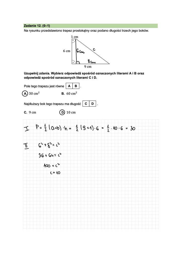 Fragment arkusza do egzaminu ósmoklasisty z matematyki - zadanie z geometrii, obliczanie pola figury.
