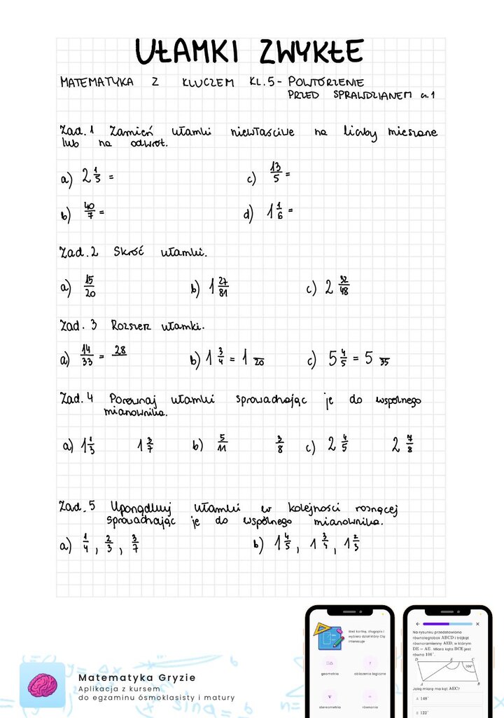 Zadania na sprawdzian matematyka z kluczem klasa 5 - ułamki zwykłe
